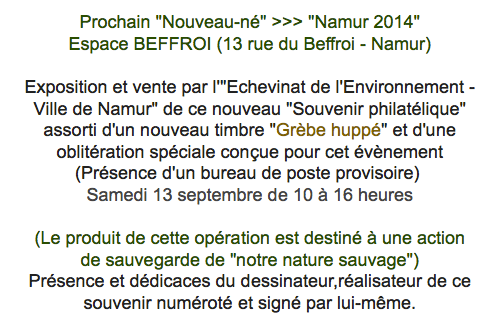 Exposition et vente par l Echevinat de l'Environnement - Ville de Namur de ce nouveau Souvenir philatélique assorti d'un nouveau timbre Grèbe huppé et d'une oblitération spéciale