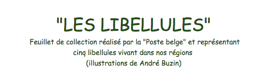 LES LIBELLULES, Feuillet de collection réalisé par la Poste belge et représentant 
                     cinq libellules vivant dans nos régions (illustrations de André Buzin)